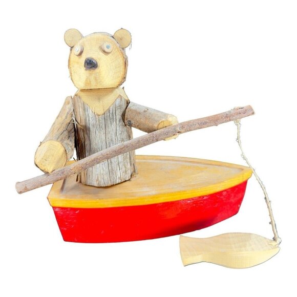 Folk Art Hand Made Wooden Bear Fishing Figurine With Attached Fish On A Boat VTG - Picture 1 of 13